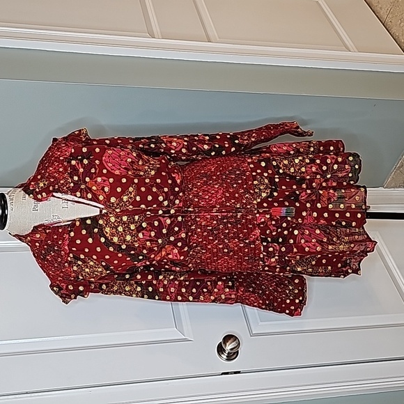 FARM Rio Maroon & Gold Banana Flowers Smocked Mini Dress - Size XL - Picture 8 of 13